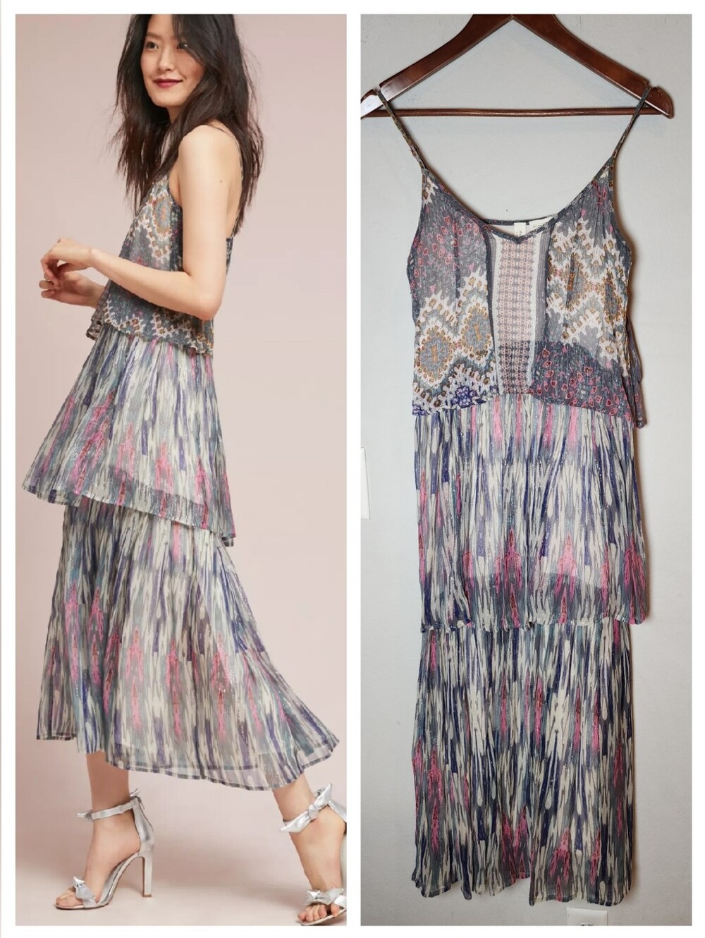 Anthropologie Josie Metallic Lurex Stripe Tiered Sleeveless Midi Maxi Dress Sz 4